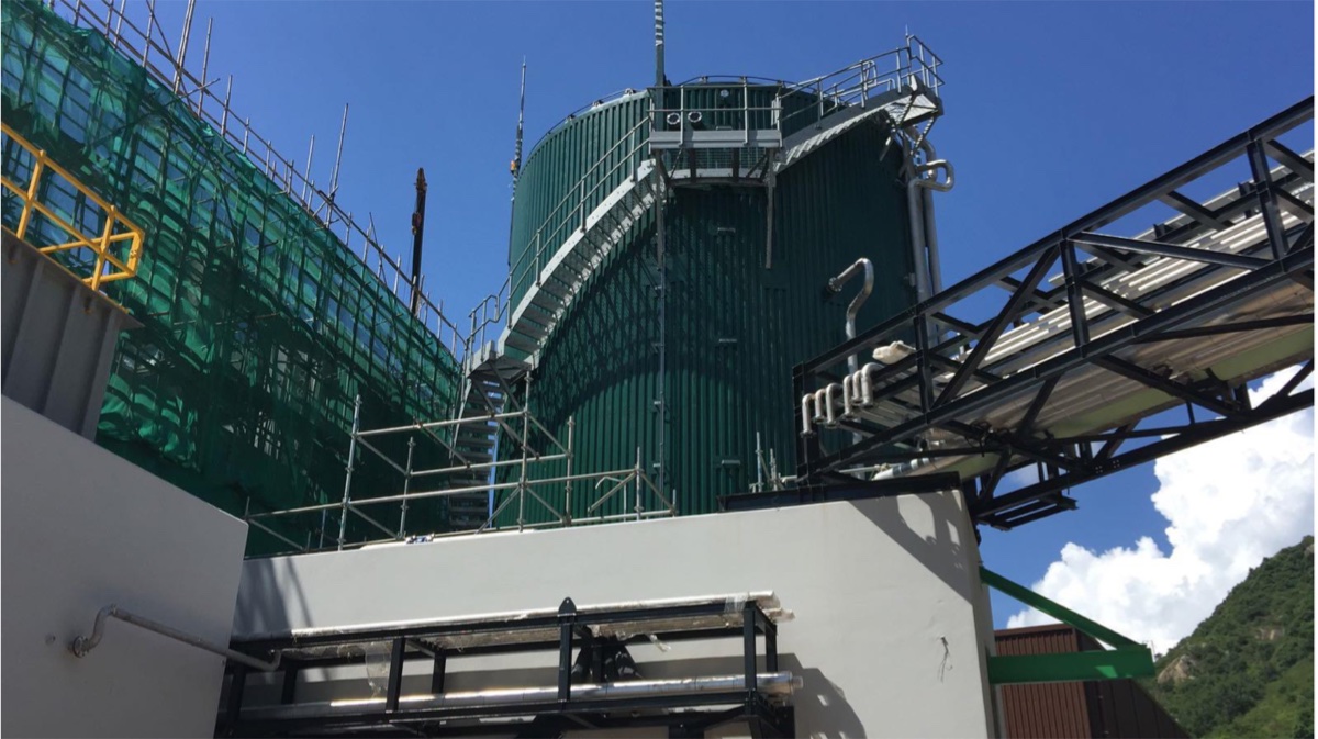 Treatment tank, access stair and steel structure carrying piping at O·PARK1, Siu Ho Wan