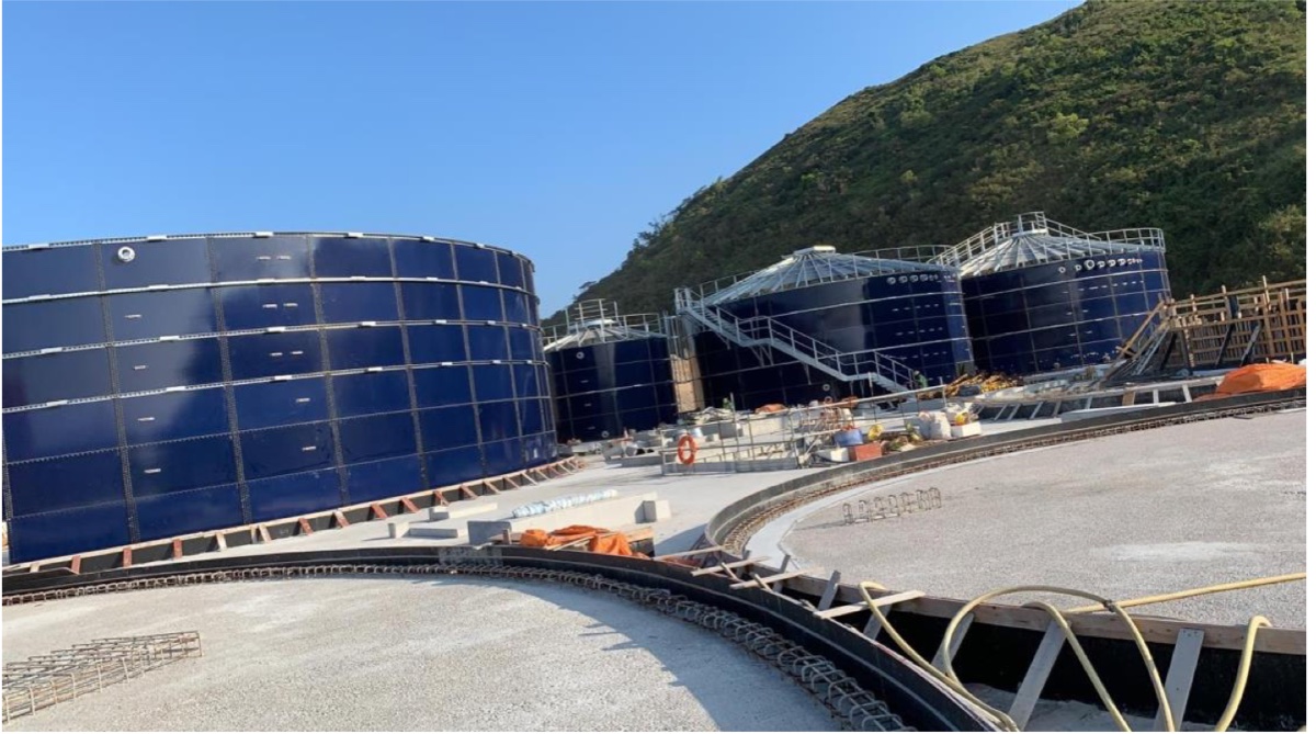 Bolted steel tanks and access stairs at the SENT Landfill Extension